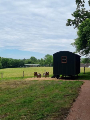 Shepherds hut surrounded by fields and the Jurassic coast